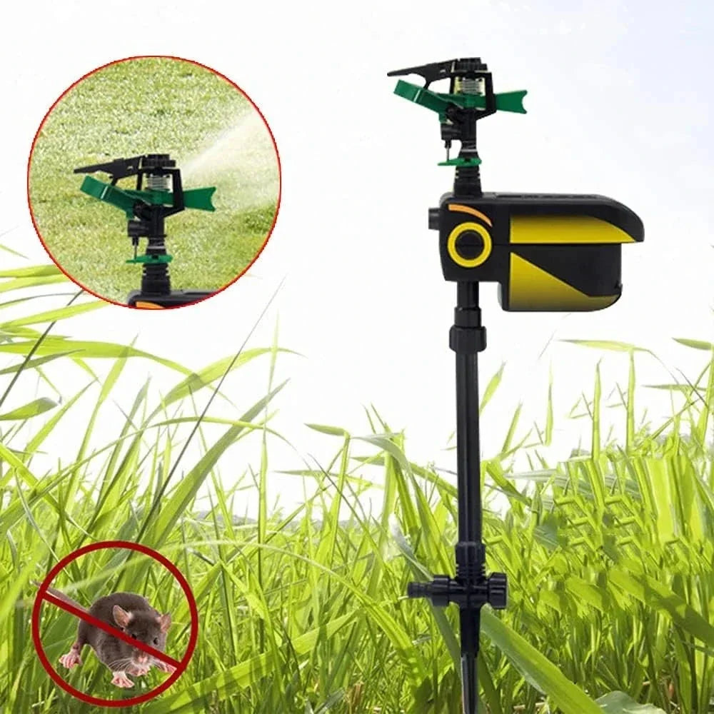 Solar-powered motion-activated sprinkler for garden & lawn pest control. Deters deer, cats, dogs naturally.