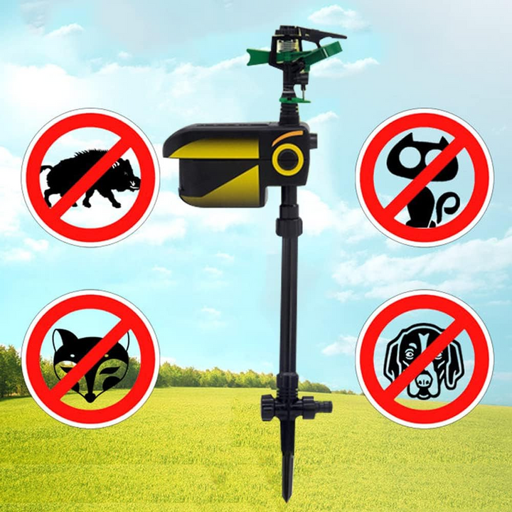 Motion-activated garden sprinkler for yard protection, deterring pests like deer & cats. Easy outdoor setup.