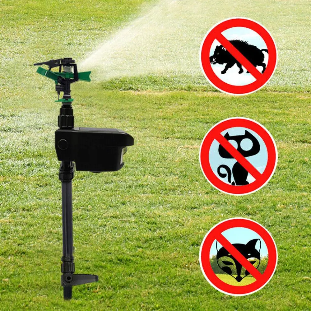 Water sprinkler with motion sensor for wildlife control. Repels deer, raccoons, and cats from gardens & lawns.