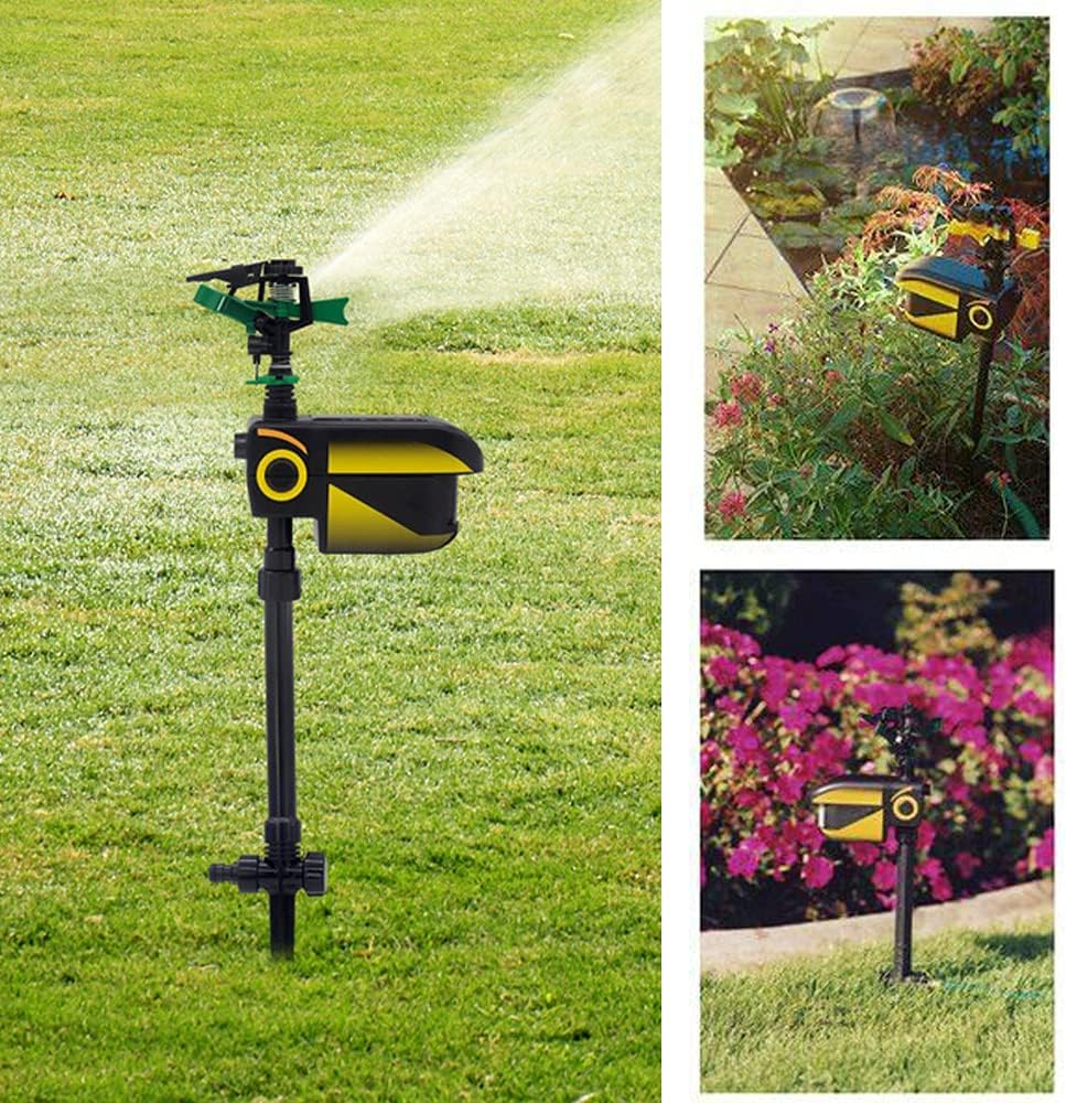 Motion-activated water sprinkler spraying to deter unwanted animals from lawns. Ideal for garden pest control.