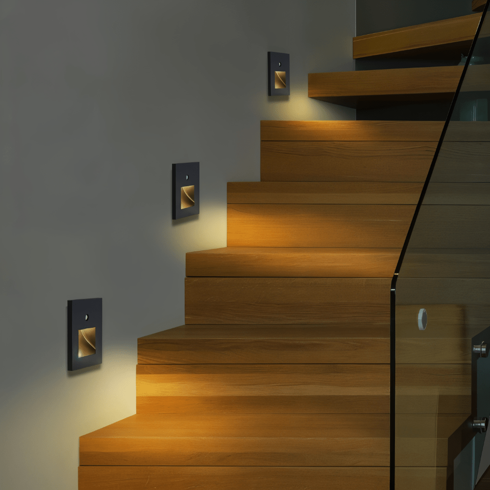Energy-saving motion sensor LED light for stairs & hallways. Modern home safety lighting.