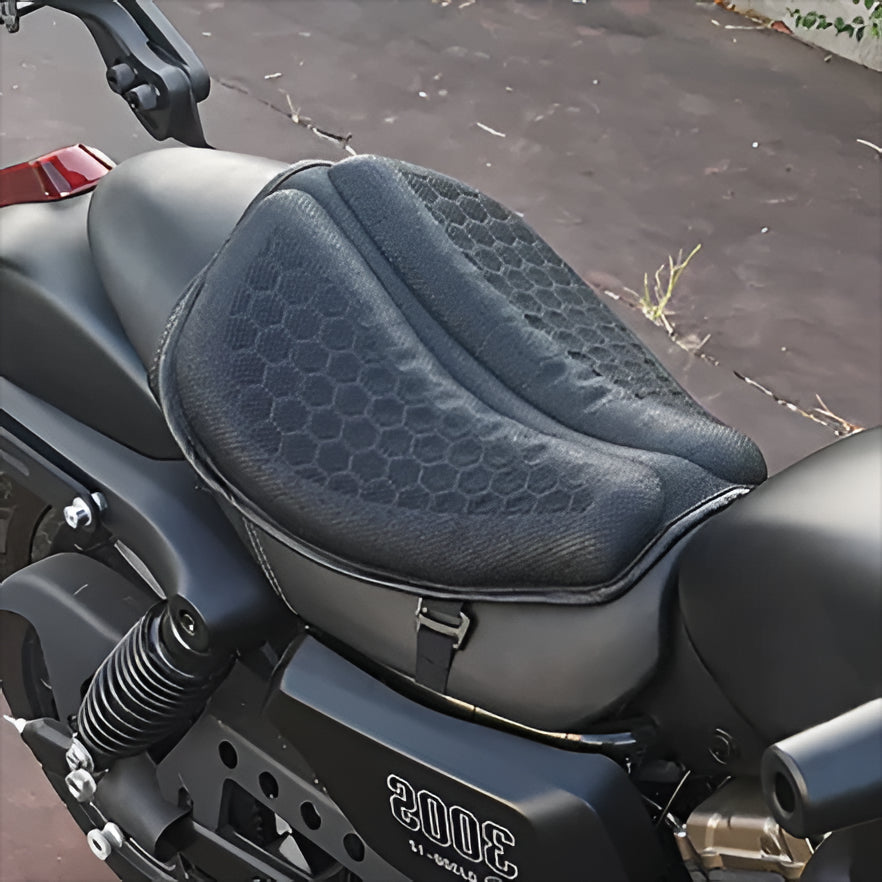 Motorcycle gel seat pad for ultimate long-distance comfort, shock absorption, and anti-slip touring rides.