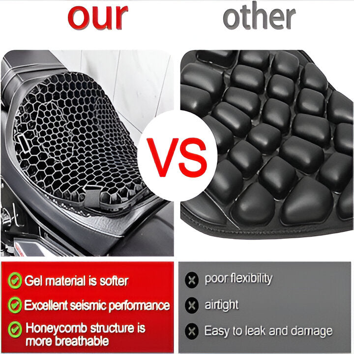 Premium motorcycle gel seat pad designed for long rides, providing maximum comfort, shock absorption & breathability.