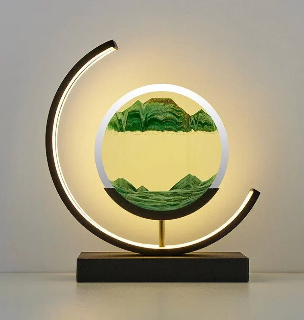 Moving Sand Art Lamp with LED ambient light, perfect for home decor & relaxation in any room.