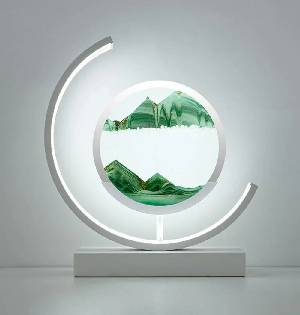 Elegant desk lamp featuring moving sand art, creating a peaceful ambient light for modern interiors.