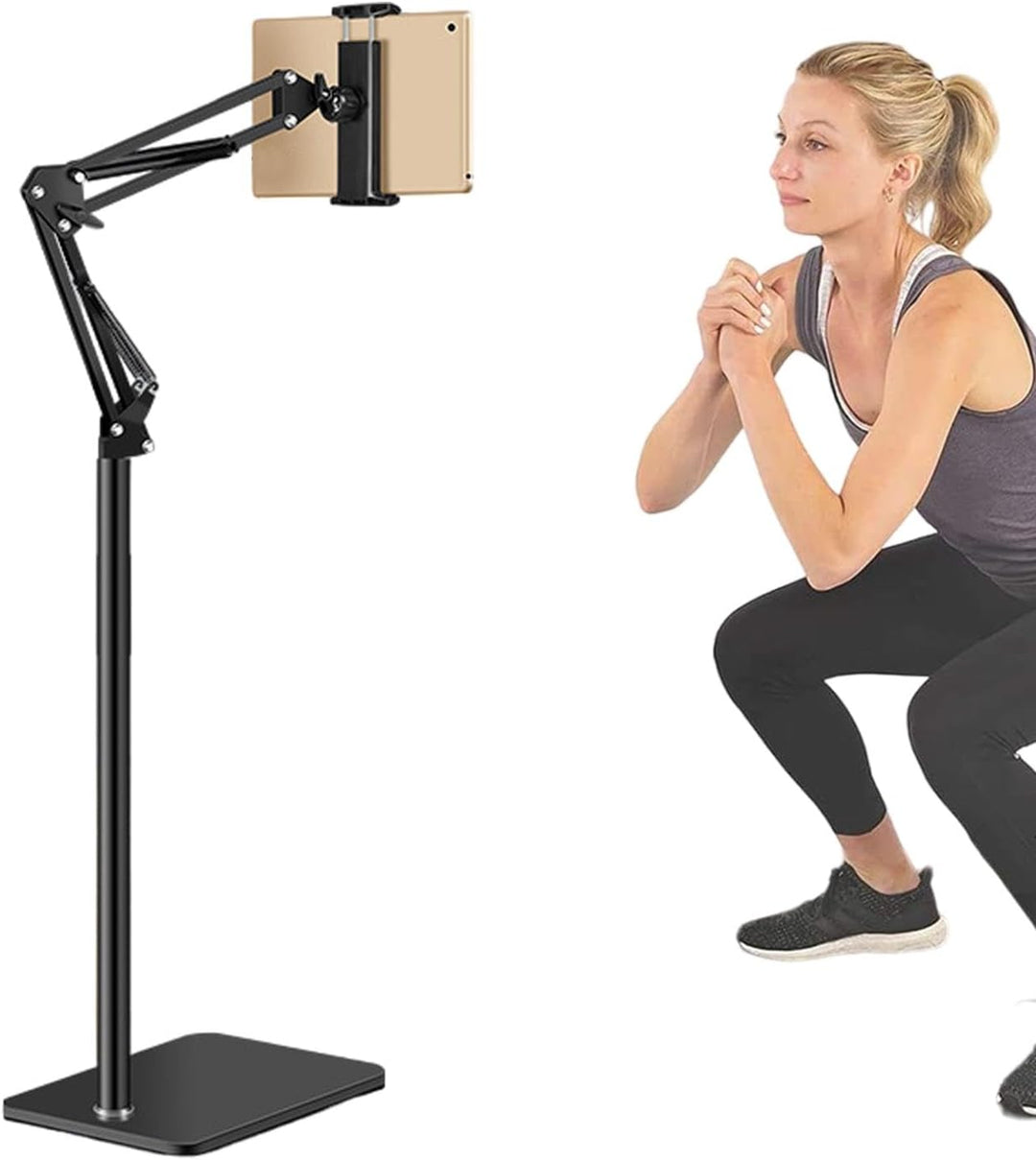 Movira adjustable 360° rotating phone & tablet floor stand, perfect for hands-free ergonomic viewing.