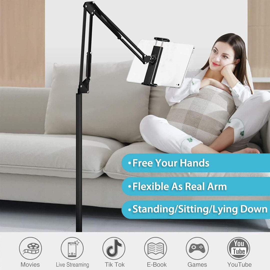 Ergonomic Movira floor stand with adjustable height & flexible arm for phones & tablets in a home office.