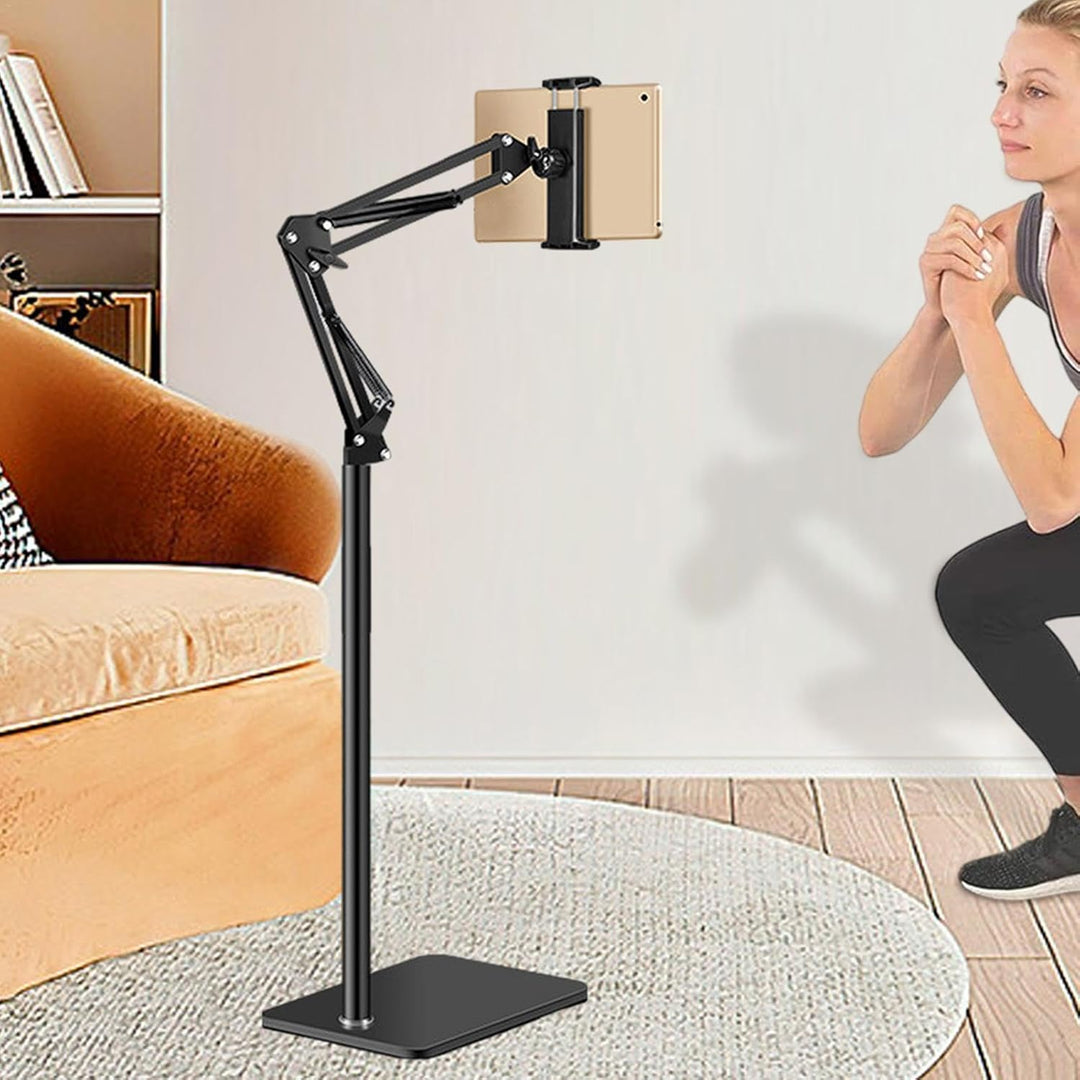 Sleek metal Movira 360° rotating tablet & phone holder floor stand, ideal for comfortable viewing.