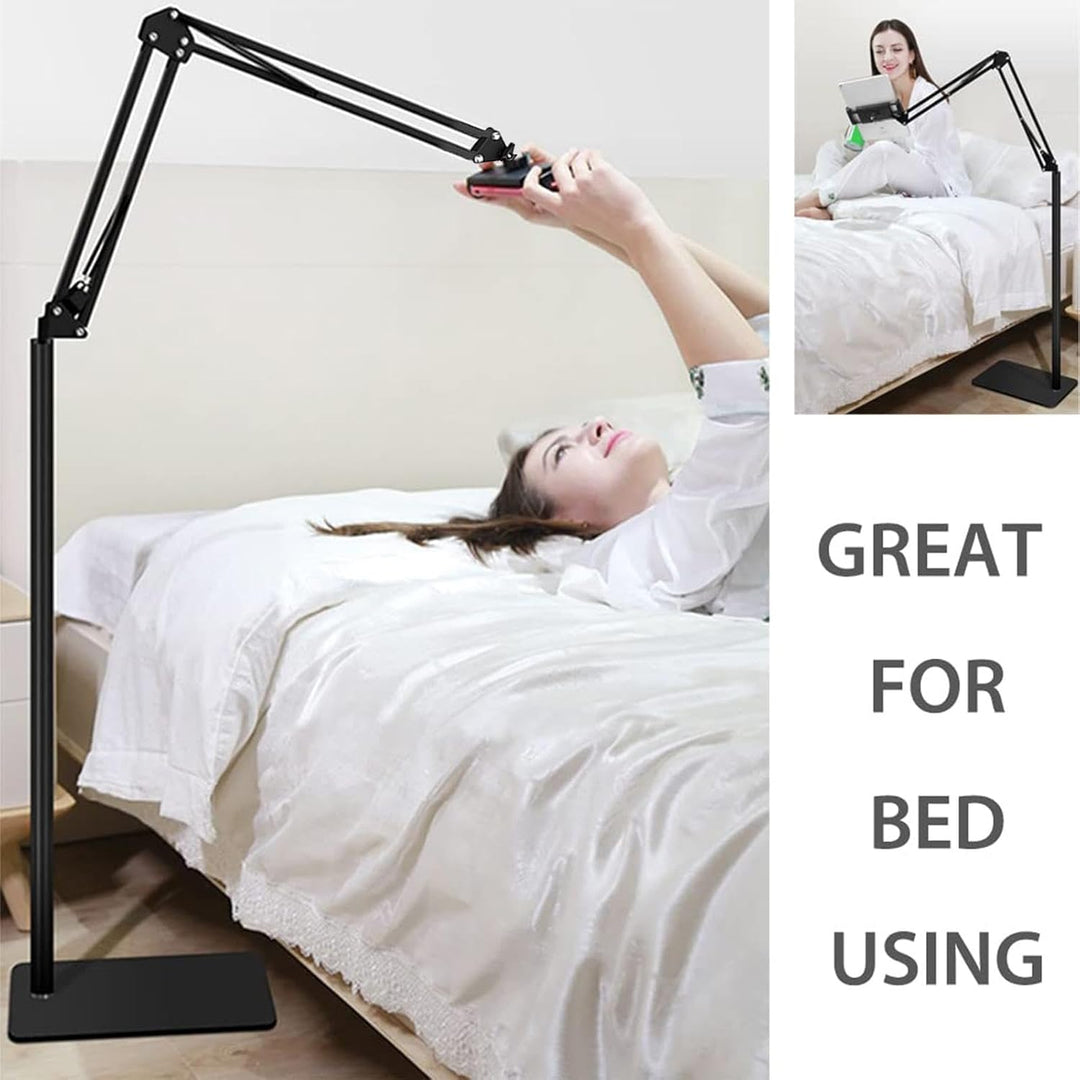 Hands-free viewing with Movira adjustable floor stand holding a tablet for ergonomic use at home.