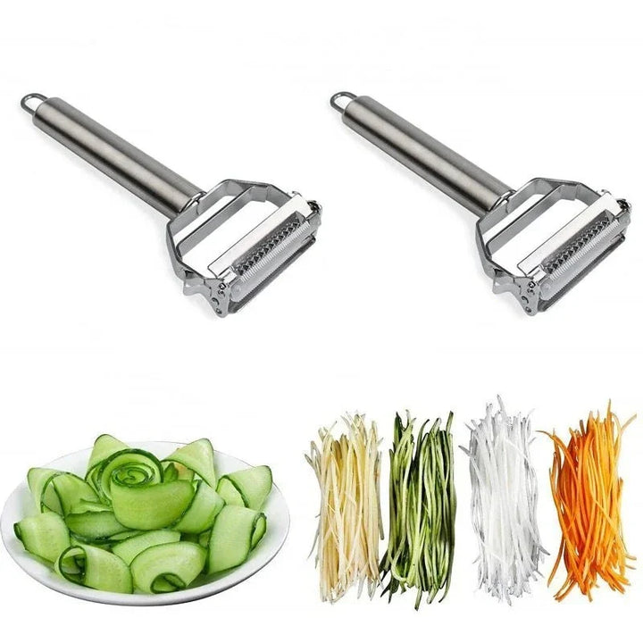 Versatile stainless steel kitchen tool: ultra-sharp vegetable peeler & julienne cutter for carrots, potatoes, & food prep.