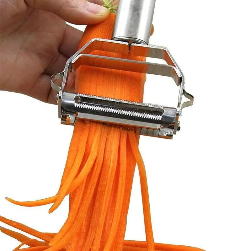 Durable stainless steel multi-function peeler and julienne cutter. A versatile kitchen gadget for efficient food prep.