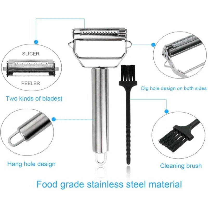 Stainless steel julienne cutter & grater for healthy eating. Creates uniform vegetable strips; a versatile kitchen utensil.
