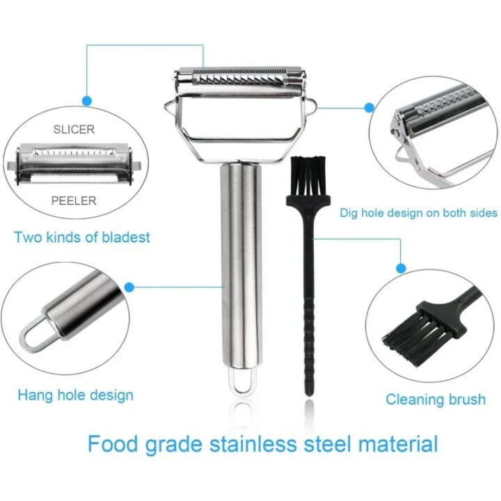 Stainless steel julienne cutter & grater for healthy eating. Creates uniform vegetable strips; a versatile kitchen utensil.
