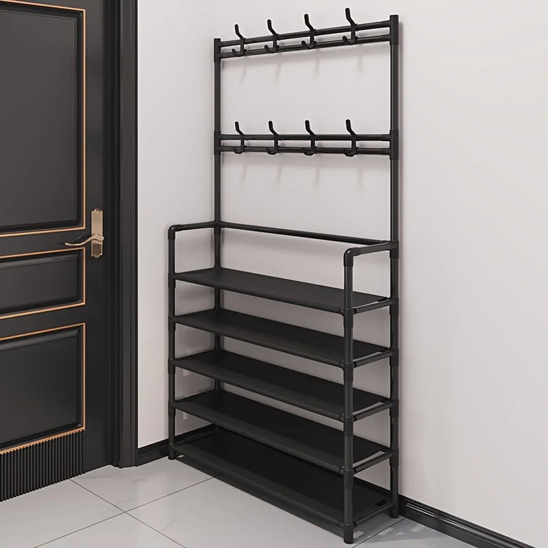 Multi-layer coat rack with shoe storage shelf. Perfect entryway organizer & hall tree for home.