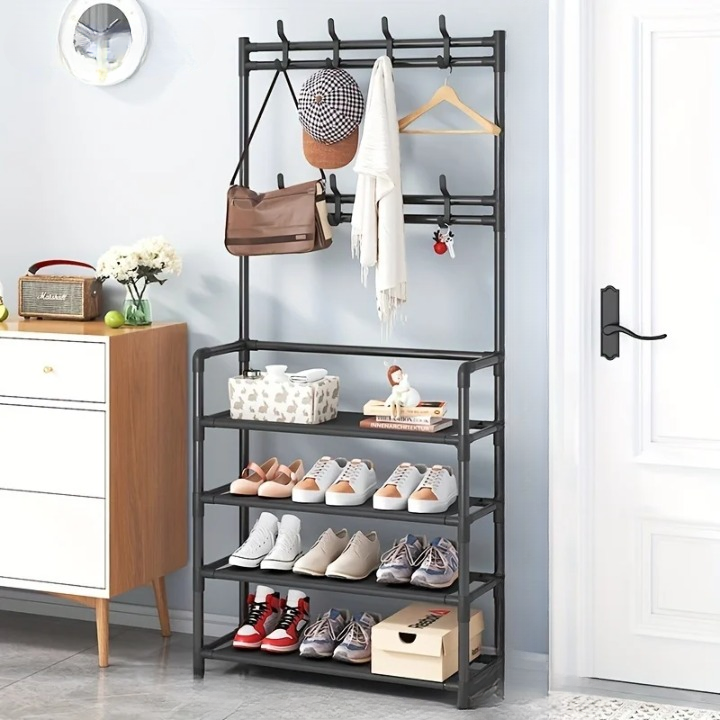 EntryMate multi-layer steel frame coat rack & shoe storage. Space-saving mudroom organizer.