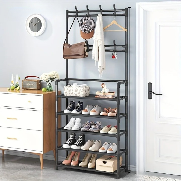 Entryway coat rack with multi-layer shoe storage. Hall tree for home organization & mudroom use.
