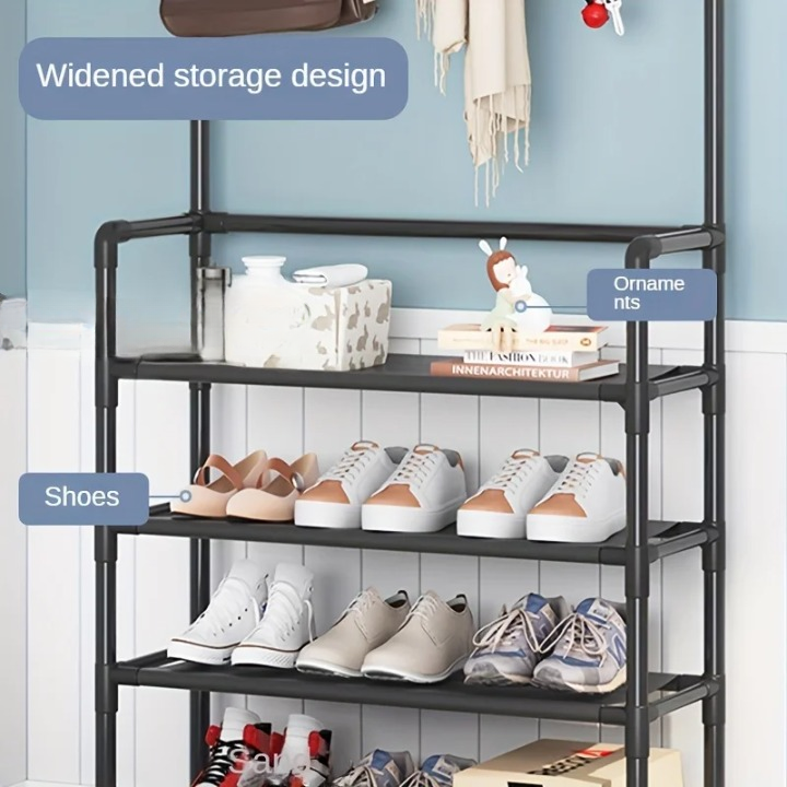 Space-saving multi-layer coat rack & shoe storage. Hall tree for entryway, mudroom, home organization.