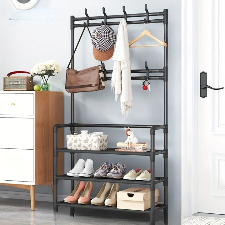 EntryMate multi-layer coat rack with shoe storage. Versatile hall tree & mudroom organizer for home.