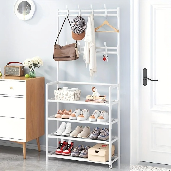 Modern multi-layer coat rack with shoe storage shelf. Ideal entryway hall tree for ultimate home organization.