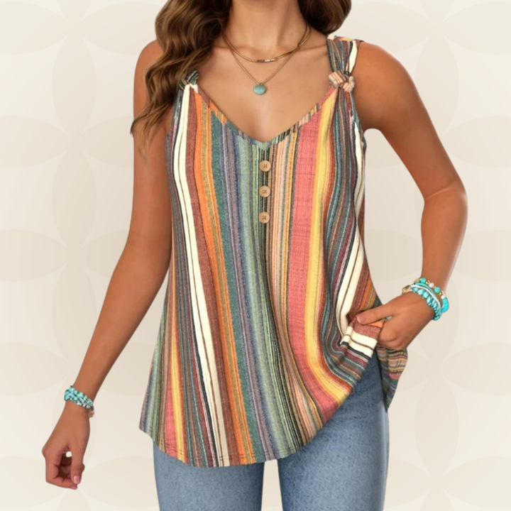 Multicolor striped V-neck sleeveless women's top with button detail, perfect for casual summer wear and relaxed style.