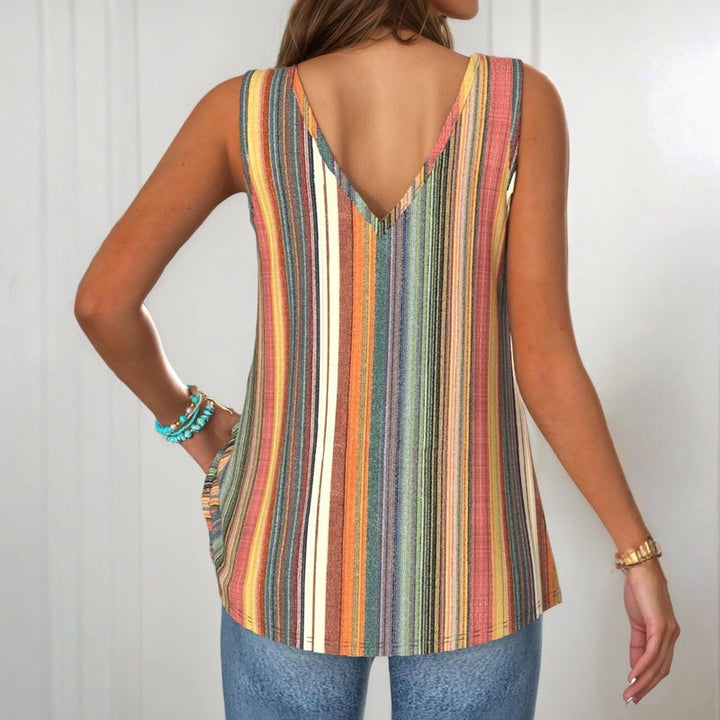 Relaxed fit A-line sleeveless striped top for women, featuring a V-neck and decorative button detail, ideal for summer brunch.
