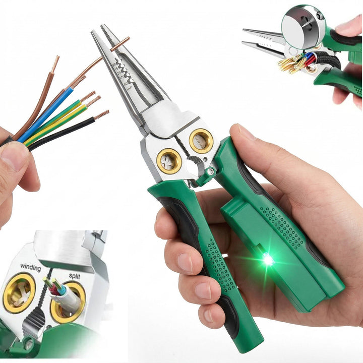 Multifunctional wire stripper tool with voltage tester, crimper & cable cutter for electricians & household repair.