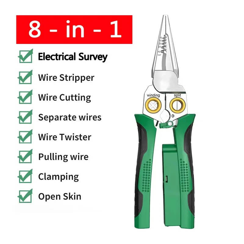 All-in-one electrical multi-tool: wire stripping, crimping, & voltage testing for safe wiring tasks.