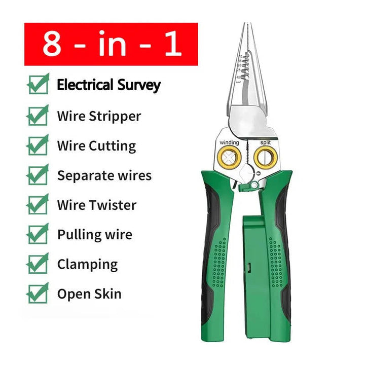 All-in-one electrical multi-tool: wire stripping, crimping, & voltage testing for safe wiring tasks.