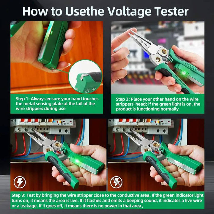 Essential multi-tool for electricians: wire stripping, crimping, cutting, & voltage testing for pro results.