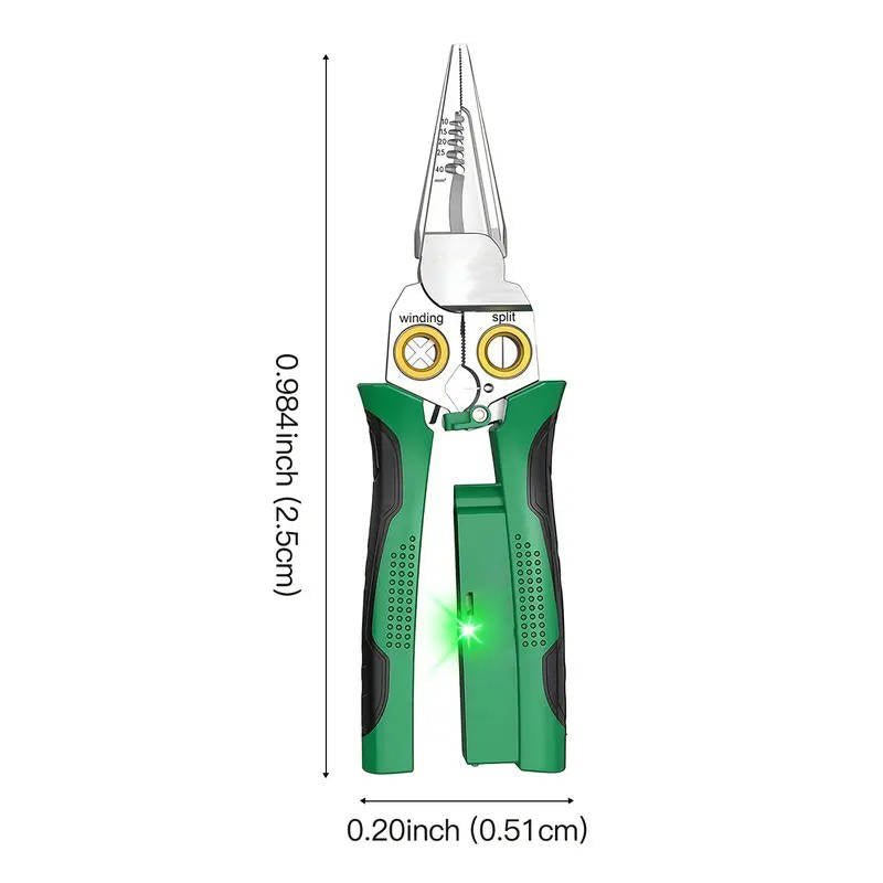 Versatile wire stripper, crimper, cable cutter & voltage tester for electricians and household electrical repairs.