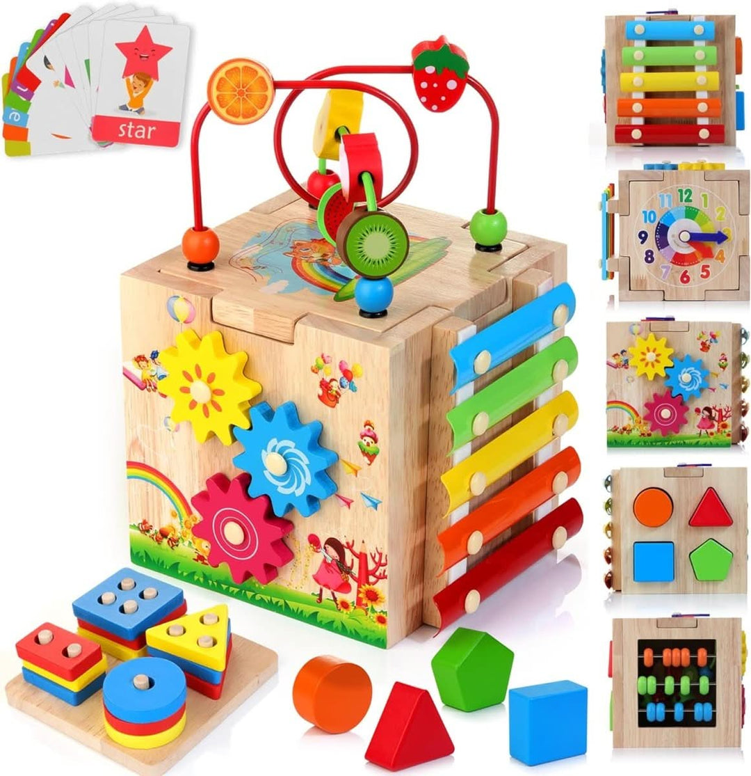 Toddler activity cube showing bead maze, shape sorter, & spinning gears for fine motor skill development.