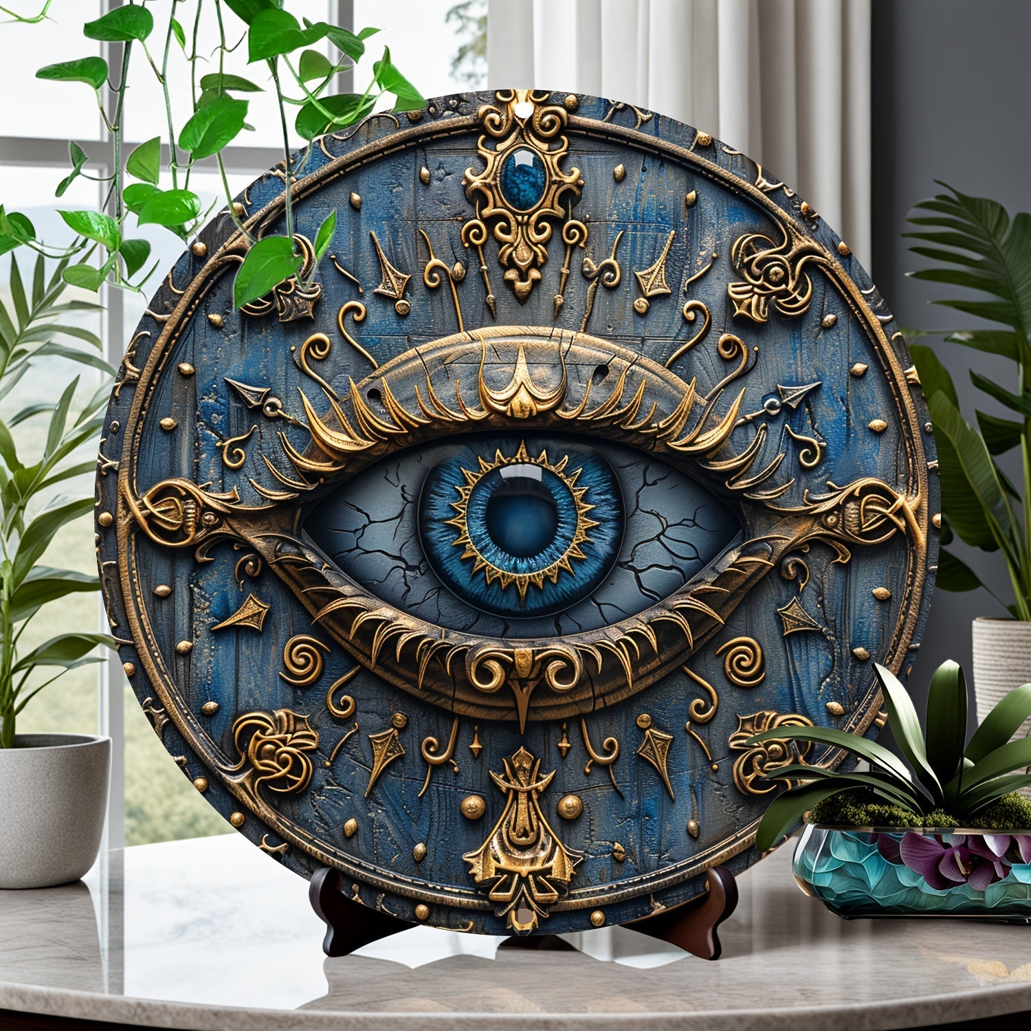 Mystic Guardian Wall Shield Decor with Eye of Horus. Protective aluminum Egyptian art for home decor & talisman.