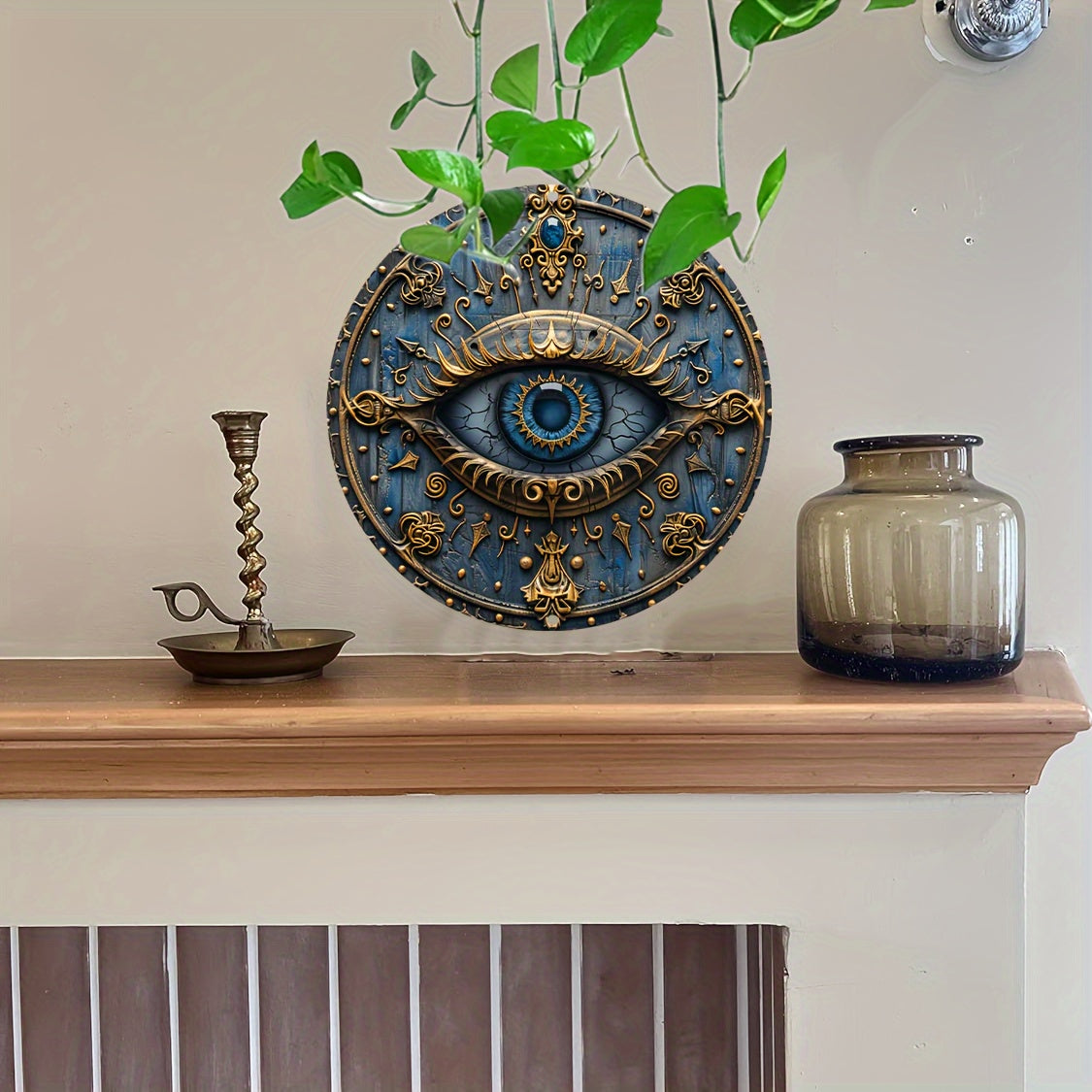 Aluminum Mystic Guardian Shield, ancient Egyptian wall art decor. Protective talisman with symbolic Eye of Horus.