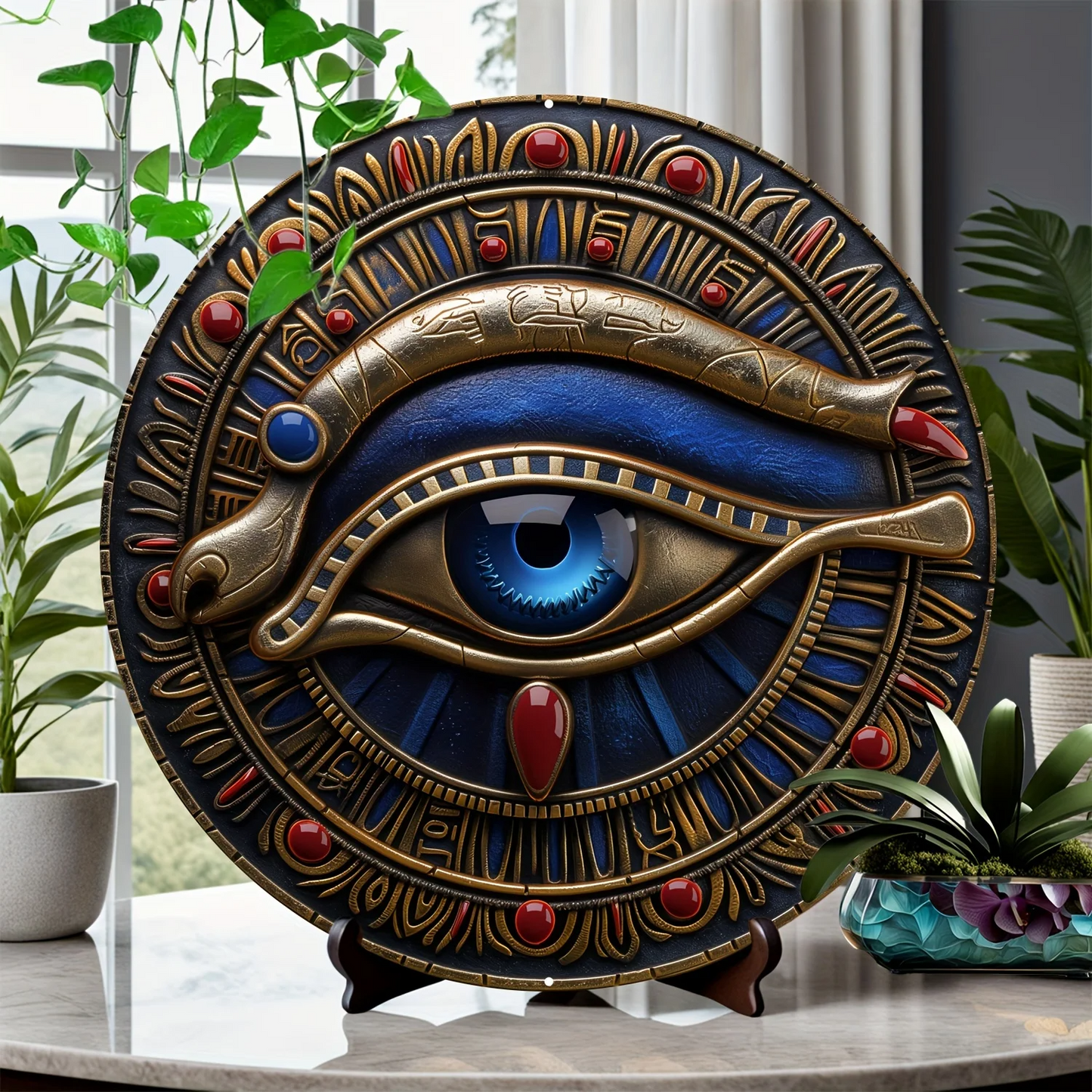Egyptian Eye of Horus wall art. Mystic guardian shield decor, a protective aluminum talisman for home interiors.