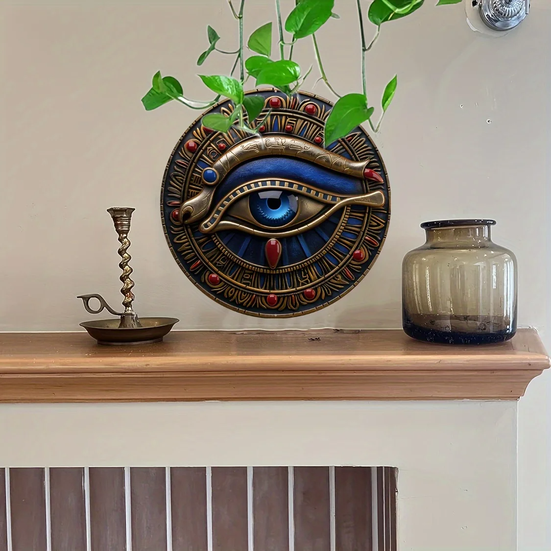 Protective Mystic Guardian Wall Shield, featuring ancient Egyptian Eye of Horus symbol. Unique home decor art.