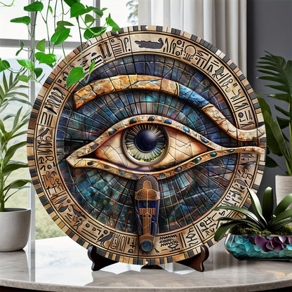 Detailed Eye of Horus aluminum shield decor. Mystic guardian wall art, an ancient symbol protective talisman.