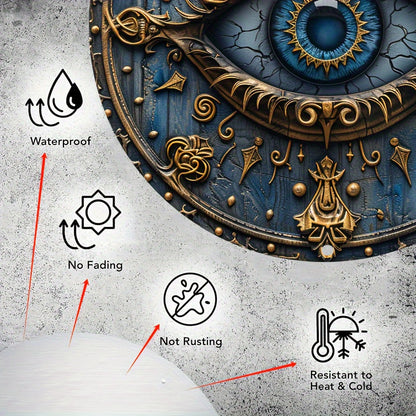 Ancient symbols: Egyptian Eye of Horus on aluminum Mystic Guardian wall shield. Unique protective home decor art.