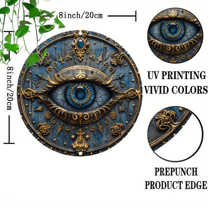 Mystic Guardian wall shield decor. Aluminum Egyptian art with prominent Eye of Horus for protective home decor.