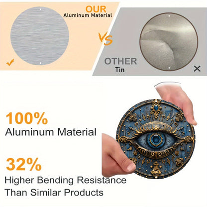 Protective Eye of Horus aluminum shield. Mystic guardian wall art for home decor, featuring ancient Egyptian symbols.