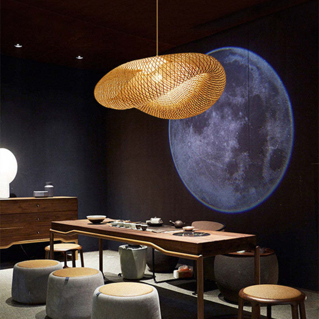 Natural bamboo ball LED pendant light. Modern rustic design, perfect for eco-friendly home decor.