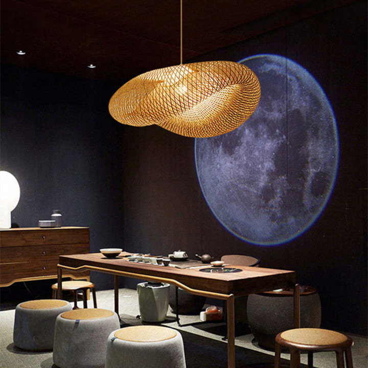 Natural bamboo ball LED pendant light. Modern rustic design, perfect for eco-friendly home decor.