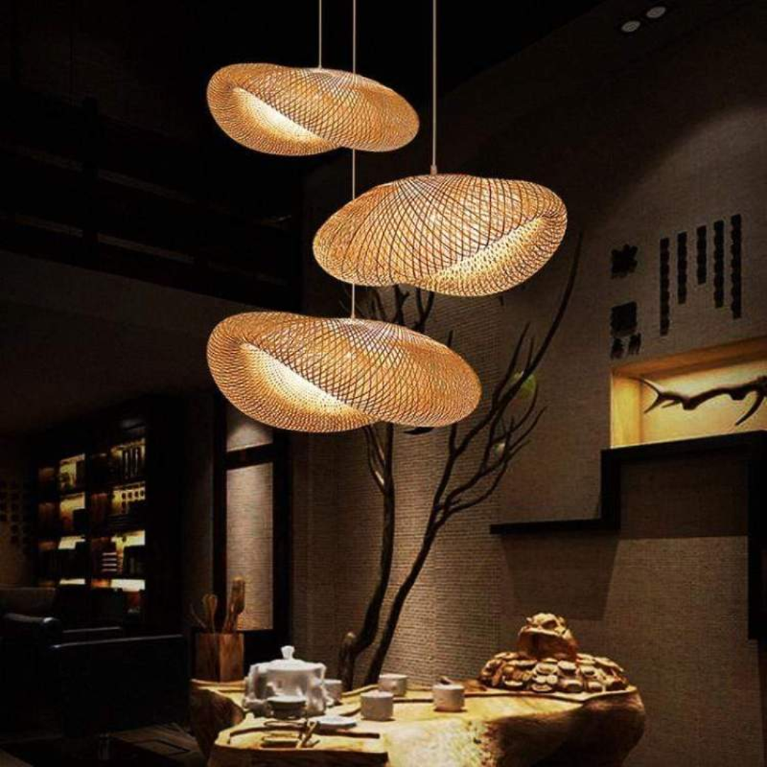 Eco-friendly bamboo ball LED pendant lamp, bringing natural light to your dining room or living space.