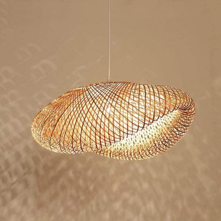 Design LED pendant lamp with natural bamboo spheres, a stylish eco-friendly light for modern homes.