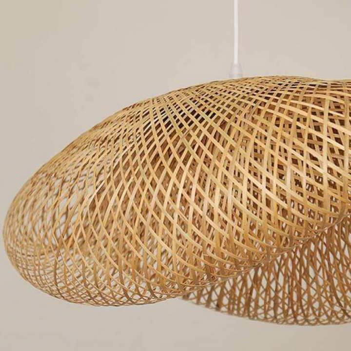 Modern rustic bamboo LED pendant light. Natural decor for living room or bedroom. Eco-friendly lighting.