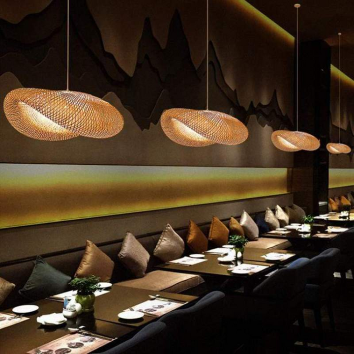 Handcrafted natural bamboo LED pendant lamp. Modern eco-friendly lighting for contemporary living spaces.