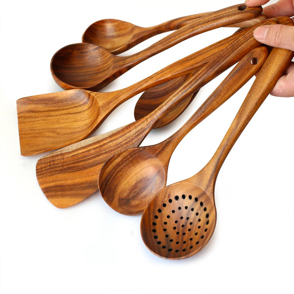 Versatile teak wood kitchen utensils; non-toxic wooden tools perfect for home cooking & cookware.