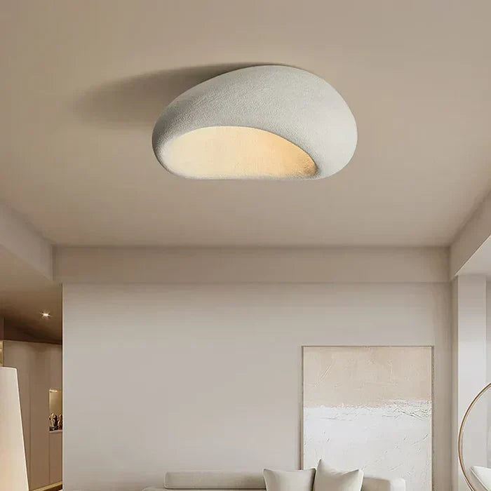 Natural Wabi Sabi ceiling lamp for serene home decor. Ambient lighting in Japandi style.
