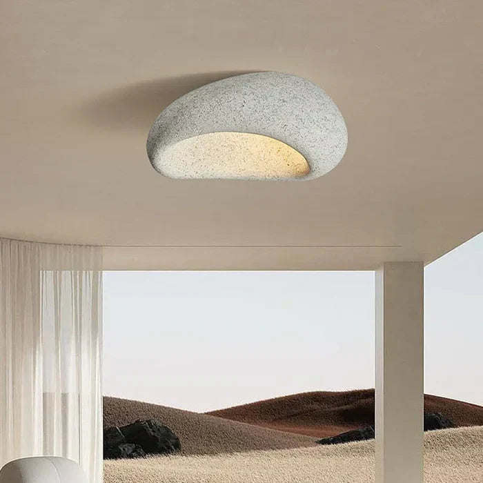 Handcrafted natural material Wabi Sabi ceiling light. Modern minimalist home lighting fixture.