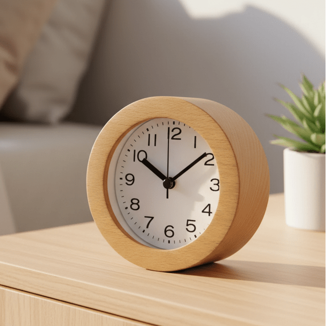 Natural wood silent digital alarm clock for bedside. Modern, minimalist, and non-ticking for peaceful wake-ups.
