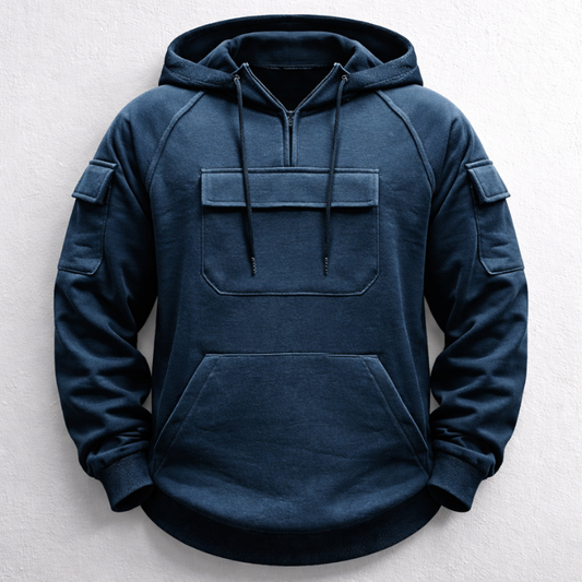 Navy blue men's premium comfort hoodie for casual everyday wear. Relaxed fit & cozy feel.